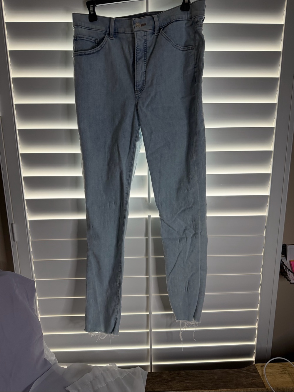 Express Women's Light Blue Skinny Jeans with Raw Hem